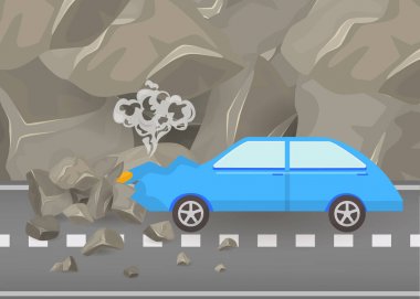 Araba kazası ve yol vektör illüstrasyon kazaları. Dağlar ve gri kayalar posteri arasında carsh araba hasarlı ve kırık otomobil sahnesi.