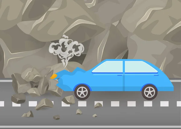 Bilolycka och olyckor på väg vektor illustration. Skadade och trasiga bil scen carsh bil bland berg och Grey Rocks affisch. — Stock vektor