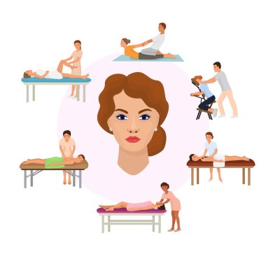 Kızlar masaj spa prosedürleri vektör illustrtion infographic kızlar yüz ile. Spa sonrası rahatlatıcı, kız Tay masajı masada yatıyor. Sıcak taş masajı.
