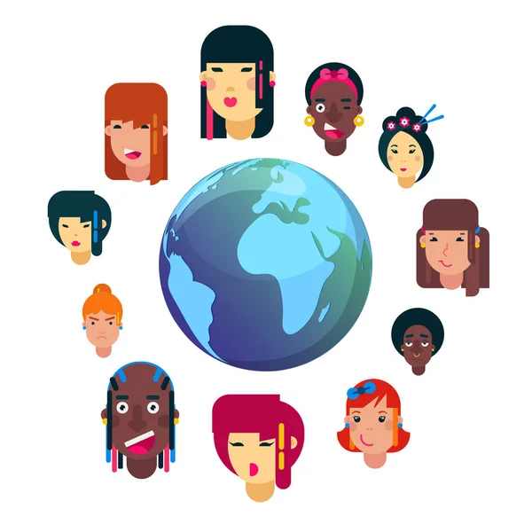 Meninas todas as nacionalidades emoção enfrenta desenho animado ilustração vetor. Mulher emoji rosto ícones e símbolos. Meninas emoji diferentes nações rostos ao redor do globo terrestre . —  Vetores de Stock