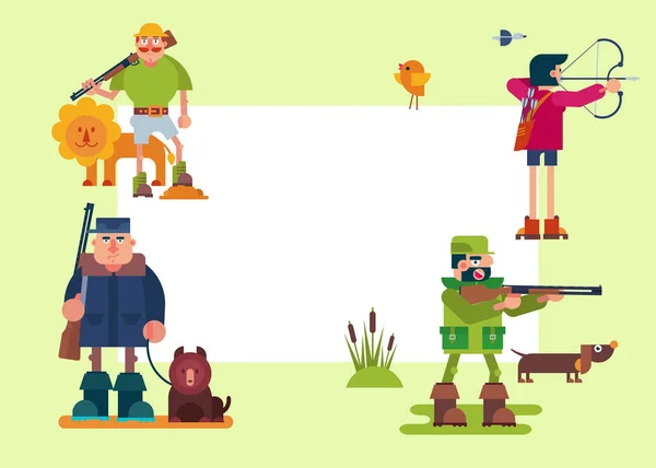 Cazadores personajes vectoriales ilustraciones de dibujos animados. Varios cazador con rifa, pistola, arco y animales. Safari de caza con león, caza forestal y el oso y el marco de tiro de pato . — Vector de stock