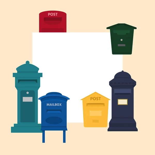 Mail box vector illustration with space for text banner. Post mailbox or postal letterbox of American or European mailing and set of postboxes for delivery mailed letters. — Stock Vector