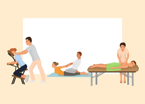 Massage procedure vector illustratie. Beauty Spa en therapeut Museum masseuse. Gezonde levensstijl. Ontspannings concept en professionele masseurs stripfiguren. — Stockvector