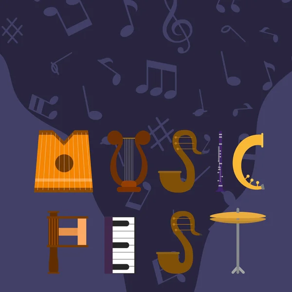 Akustische Musik Festival Vektor Illustration. Live Rock-, Jazz- oder Popmusik-Konzert. Banner, Plakat, Einladungsflyer mit Noten und Buchstaben aus Musikinstrumenten. — Stockvektor