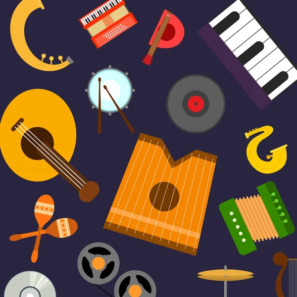 Musical instruments vector pattern of orchestra harp, contrabass and piano, maracas, saxophone and gramophone, jazz trumpet, acoustic guitar and other musical instruments. — Stock Vector