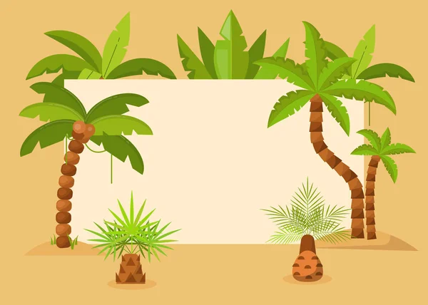 Рамка з пальмових дерев Векторні ілюстрації. Літній тропічний фон з екзотичним пальмовим листям та дерев'яною рамою. Зберегти дату. Туристичний флаєр, запрошення на вечірку, екологічне оголошення . — стоковий вектор