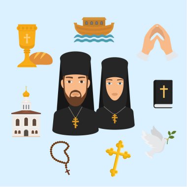 Ortodoks Hıristiyanlık din sembolleri vektör illüstrasyon. Izole dini simge, kilise ve İsa Mesih ekmek ve şarap, kutsal Kitap, Hıristiyan güvercin ve rahibe ile rahip, dua eller.