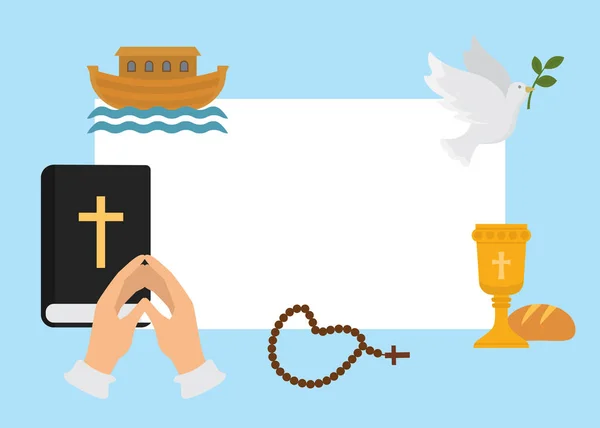 Christendom Religie symbolen vector illustratie. Bijbel voor doop, kruis, kralen en menselijke handen gevouwen in gebed met duif. Roep de God aan. Geloof en hoop. Religieuze christelijke motieven. — Stockvector