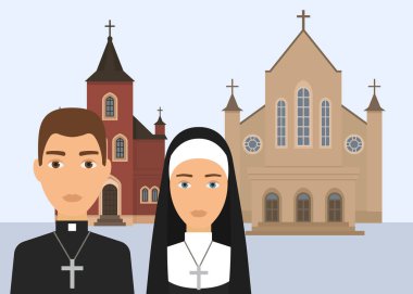 Katolik din vektör illüstrasyon. Papaz karakter ve haç ve katedral veya kilise beyaz arka plan üzerinde izole ile Katolik rahibe. Kakolikçiliğin Hıristiyan dini