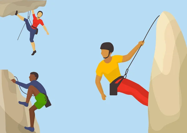 Rots klimmers in beschermende helm klimmen een berg vector illustratie. Kaukasische en Afrikaanse man klimmen een berg met een touw. Sport-en vrijetijdsactiviteiten concept. Plat ontwerp — Stockvector