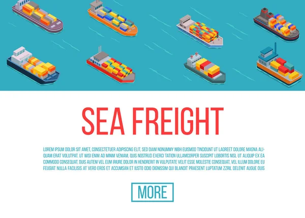 Kapal barang, pengiriman, pengiriman transportasi laut dengan gambar vektor latar belakang biru. Layanan pengiriman truk laut. Templat situs web kapal kargo kartun . - Stok Vektor