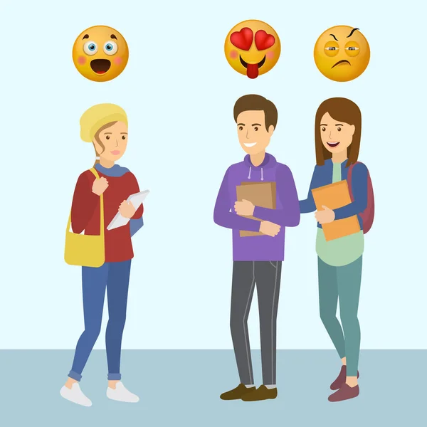 Leende tonåring flickor och pojke med smiley emoticons vektor illustration. Tonåringar talar och uttrycker känslor av kärlek, sorg och förvåning med emojii. Socialt koncept. — Stock vektor