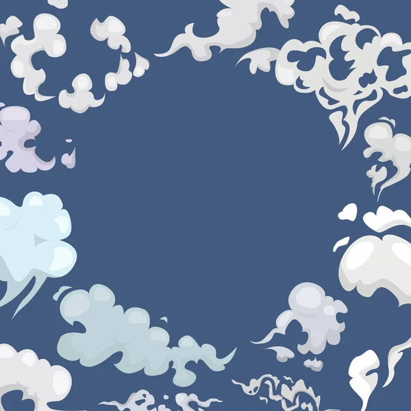 파란색 하늘 배경 벡터 그림에 흰색 구름과 바람이 불고 있습니다. 연기 또는 안개. 텍스트, 오버 클라우드를 위한 공간이 있는 원 주위의 구름. — 스톡 벡터