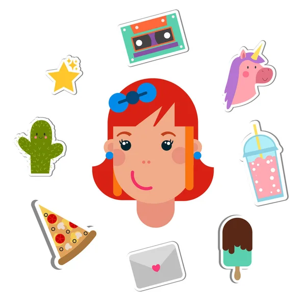 Vector patch badges with cute girl head smiling vector illustration. Stickers, pins, emoji in cartoon 80s-90s comics style. Set of patch badges with unicorn, cactus, pitzza and ice cream. — Stock Vector