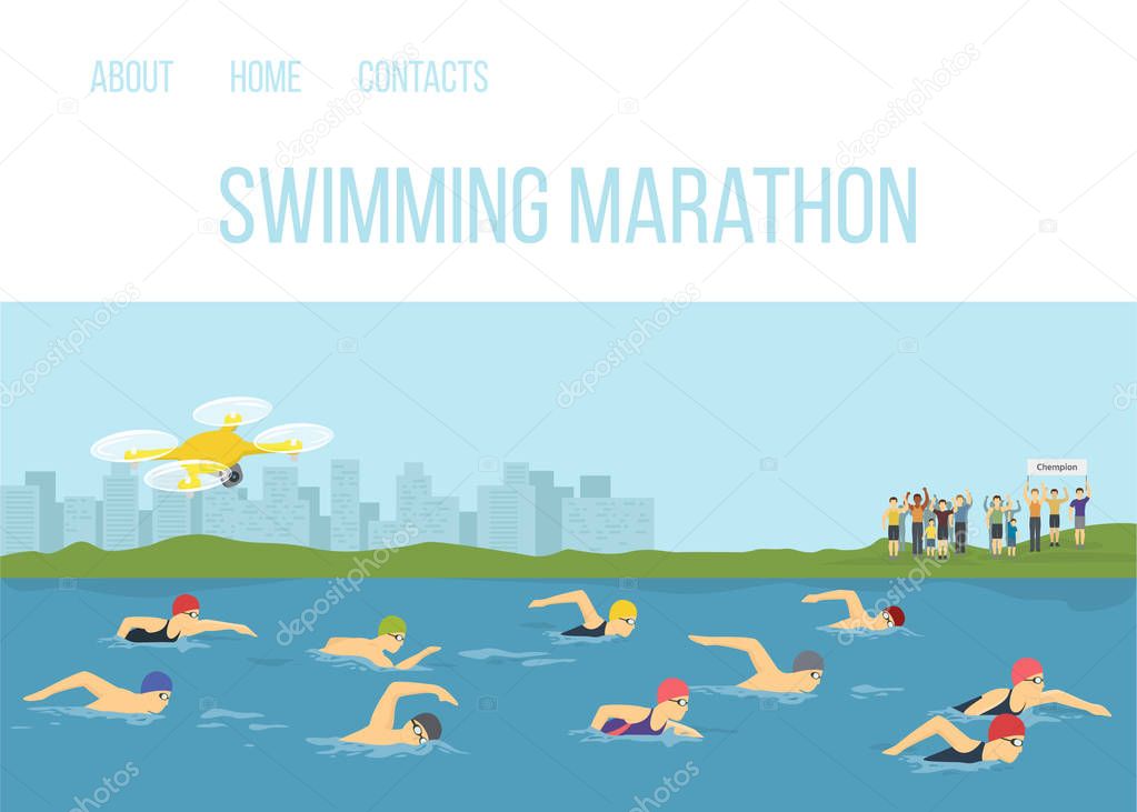 Swimmer Athletes Competition Maraphone In River Vector Cartoon Illustration Sportsman Swimming Freestyle Sport Competition Race Events People Swim With Fans And Quadcopter On Cityscape Background Premium Vector In Adobe Illustrator Ai