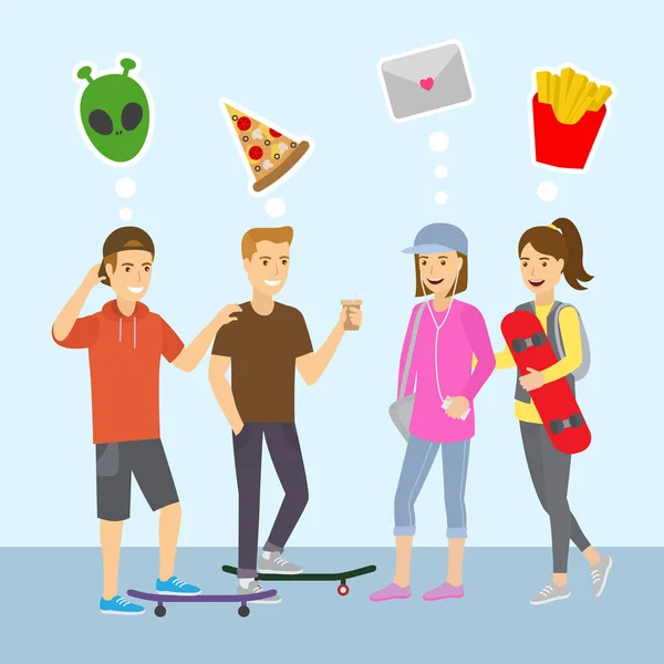 Teenagers boys and girls think and dreams flat vector illustration. Teens thoughts of computer game, pitzza, love letter and fast food. Thinking teenager recreation.