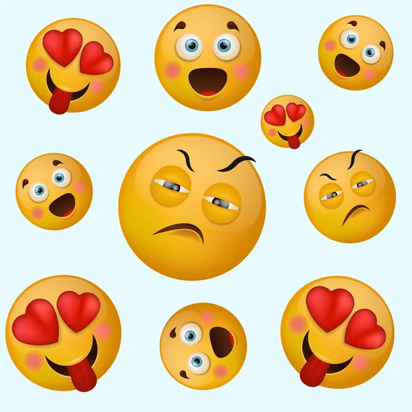 Patrón emoji o emoticonos en una ilustración vectorial de fondo blanco. Textura con emoticonos de triste, asustado, asustado y enamorado emoji amarillo sonriente . — Archivo Imágenes Vectoriales