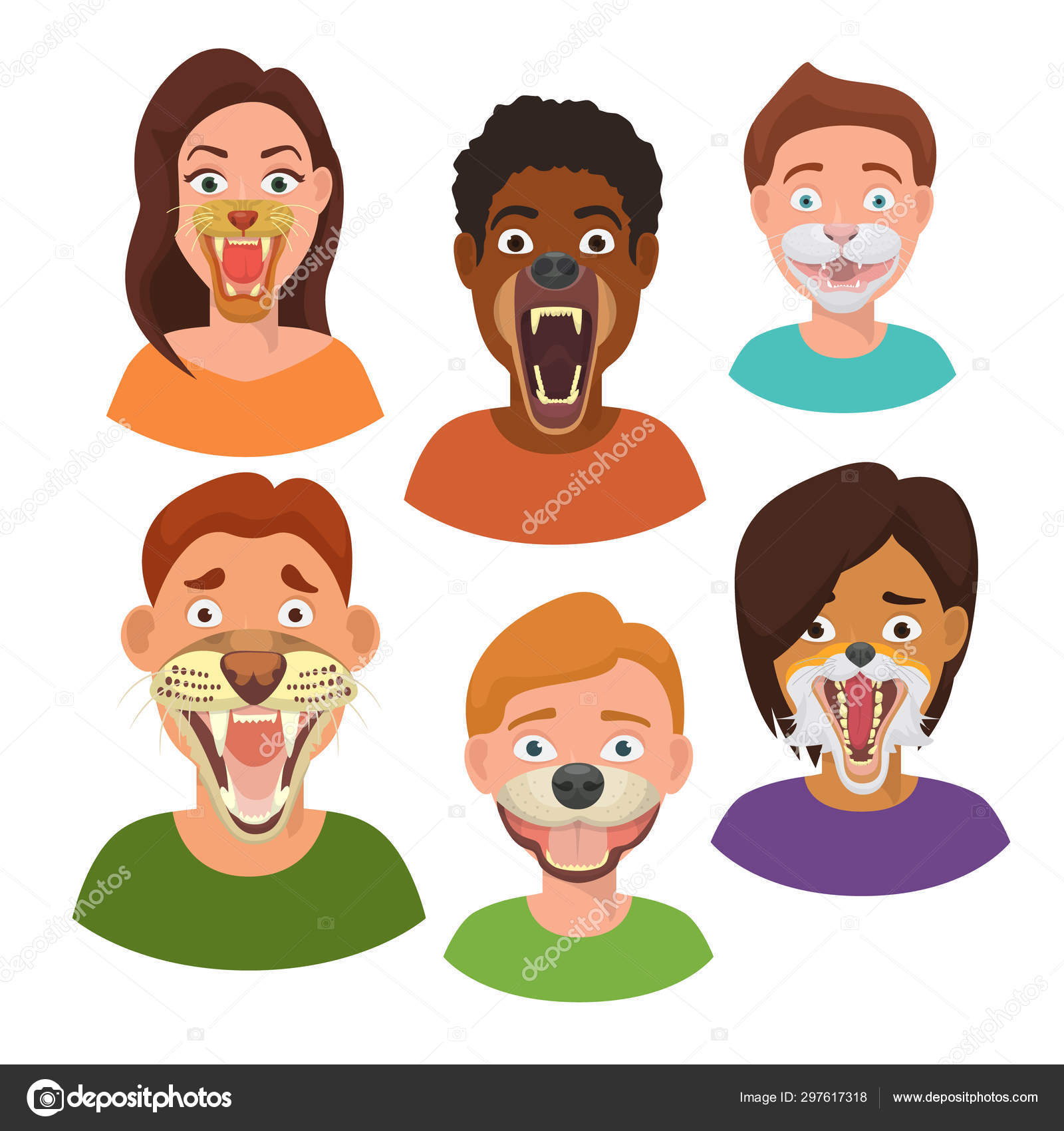 Wild animals faces on people heads monsters vector illutration. Creative  set of half animals faces with human body. Expression of wild animal anger,  threat and danger. Stock Vector Image by © #297617318