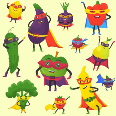 Süper kahraman meyve ve sebze vektör desen. Süper muz, brokoli ile patlıcan, soğan, kahraman pelerin kostüm biber. Bahçe süper kahramanları sağlıklı yemek. Meyve ve sebze kahraman karakterler.
