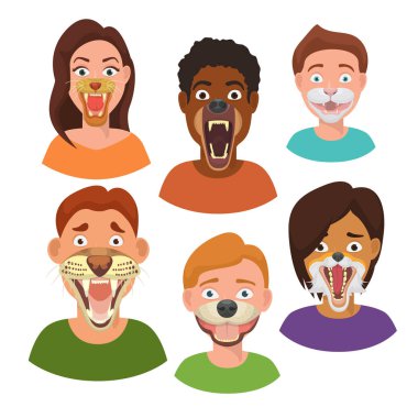 Vahşi hayvanlar insanlar üzerinde yüzleri canavarlar vektör illutration kafaları. Yarı hayvanların yaratıcı seti insan vücudu ile yüzleri. Vahşi hayvan öfke, tehdit ve tehlike ifadesi.