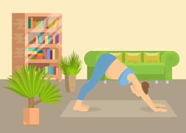 Evde oturma odasında yoga duruş genç kadın iç vektör illüstrasyon. Kız aerobik egzersiz ve sabah meditasyon uyguluyor. Fiziksel ve ruhsal yoga uygulaması.