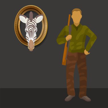 Zebra vahşi hayvanlar kupa ve avcı tüfek silah vektör illüstrasyon ile. Afrika safari av macerası. Müzede savana hayvanları ve doldurulmuş kafa kupa avcılık.