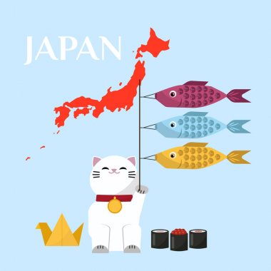 Japon şanslı kedi üç balıklar ve Japonya kırmızı harita vektör illüstrasyon tutan. Japon Maneki Neco kedi el pençesi sallayarak. Feng shui Başarı zenginlik sembolü maskot. Sevimli karakter.