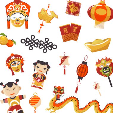 Japon ve Çin kültür desen vektör illüstrasyon. Geleneksel Japon kültürü, kırmızı ejderhave geyşa bebekler, maskeler ve sonnlar desen. Japonya sanat.
