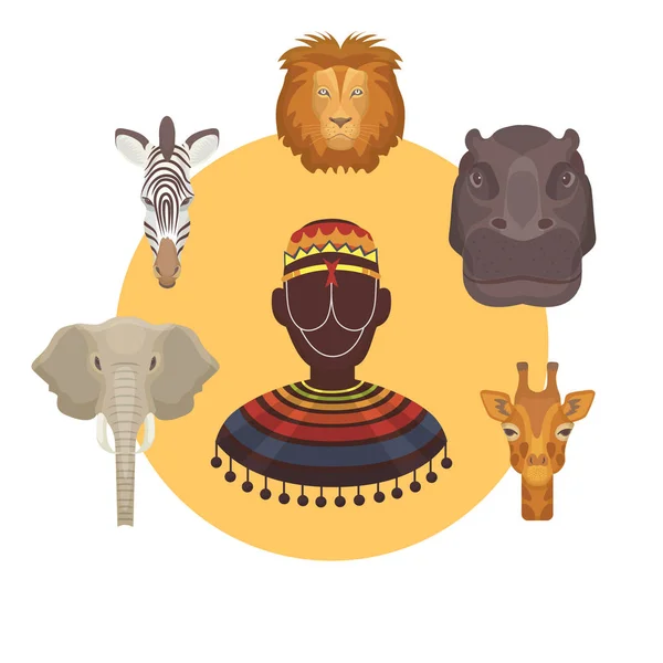 Animales africanos y cabezas humanas e ilustración de vectores afro león, elefante, jirafa con cebra e hipopótamo. Recogida de cabezas de animales salvajes africanos o máscaras de tótem . — Vector de stock
