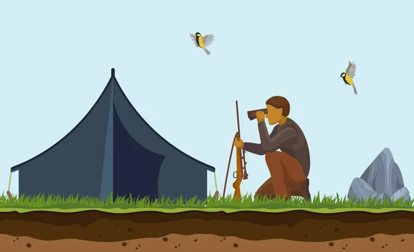 Fondo de caza de patos. Dibujos animados ilustración de cazador con pistola, binoculares y tienda de campaña de caza. Buscando aves para disparar y apuntar al aire libre . — Vector de stock