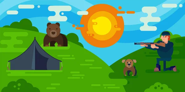 Illustrazione vettoriale di caccia all'orso. Cacciatore con cane e orso personaggi dei cartoni animati. Trofeo caccia preda di orso per la stagione di caccia. Avventura sportiva . — Vettoriale Stock