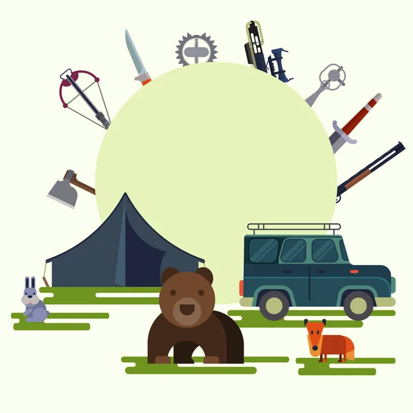 Vadász sport kaland és vadászati nyílt szezon vektor illusztráció a plakát. Kültéri vadászat a vadon élő medve, róka és a nyúl. Vadászok autó és lőszer berendezések, puskák, fegyverek sátor. — Stock Vector