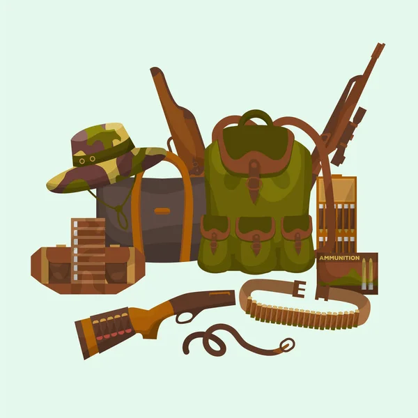 Hunter equipment vector illustration. Huntsman amunition collection. Flat colored military hunter equipment for hunters or huntsman with riffle, gun, camouflage backpack and hat. — Stock Vector