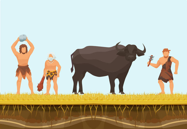 Primitive hunters or cavemen character with wild bull vector illustration. Hunting with primitive weapons. Flat cartoon illustration of prehistoric hunt.