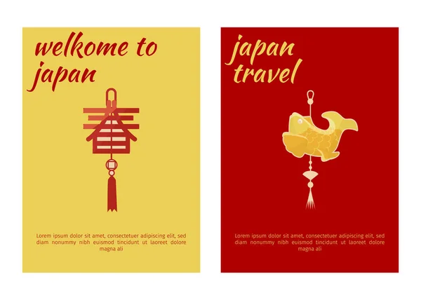 Japonsko cestovateli placrad transparenty vertikální set vektorová ilustrace. Japonská hieroglyth symbol orientálního cestovního ruchu červený na žluté a zlaté rybce, znamení štěstí v Japonsku. — Stockový vektor