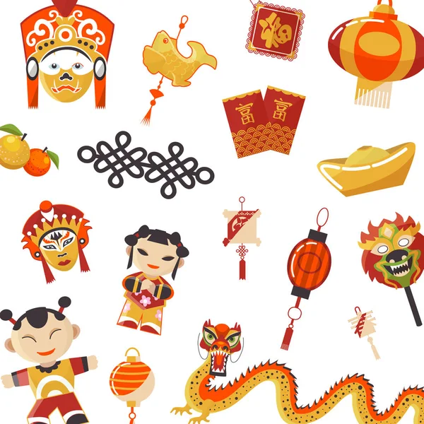 Illustration vectorielle de modèle de culture japonaise et chinoise. Culture japonaise traditionnelle, dragons rouges et poupées de geisha, masques et latternes. Japon art . — Image vectorielle