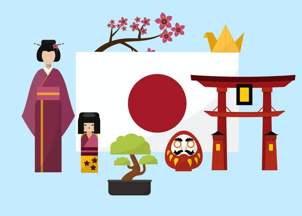 Cartel de Japón con geisha y elementos tradicionales famosos e ilustración vectorial de símbolos. Puertas japonesas con bandera, sakura y bonsái, geisha con muñeca. Japón cartel de viaje . — Vector de stock