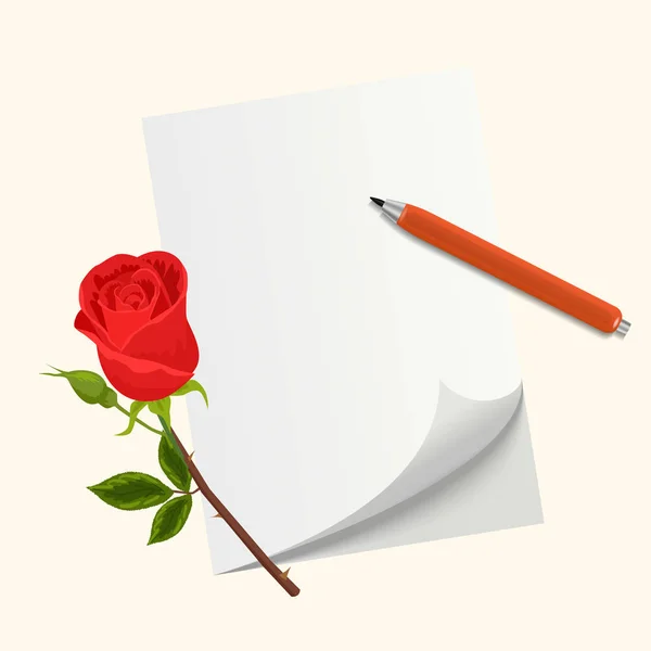 Love letter for Valentine s day vector illustration. Rose flower, pen and paper isolated on white. Love romance symbols and elements. — Stock Vector