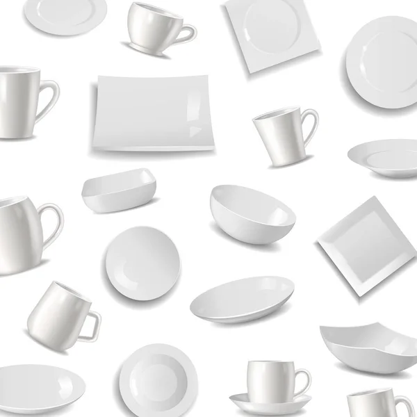 Küchengeschirr Muster, Vektorillustration. Keramik-Utensilien oder Geschirr - Tassen, Geschirr, Untertassen und Teller für zu Hause. weiß glänzendes Geschirr. — Stockvektor