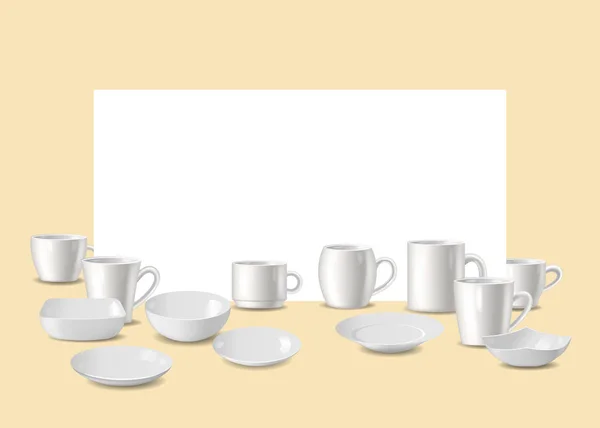 Vajilla blanca vacía, utensilio para ilustración vectorial de bar o restaurante. Set de platos blancos, cuencos, vajilla blanca y vasos aislados sobre fondo beige con espacio en blanco para texto . — Vector de stock