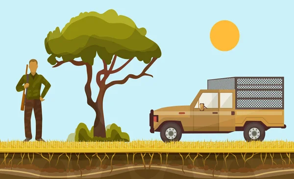 Hunter em ilustração vetorial safari. Personagem Hunterman na África com tiro de espingarda de caça e safari enjaulado carro na superfície africana em camadas com baobá árvore . — Vetor de Stock