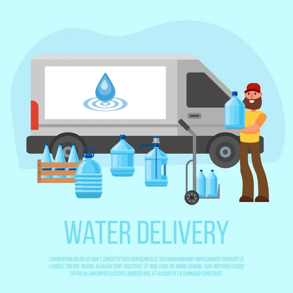 Water delivery service. Vector character with delivery cart with bottles. Water cooler rental, supply and shipping service poster illustration. Bottled water shipment worker. — Stock Vector