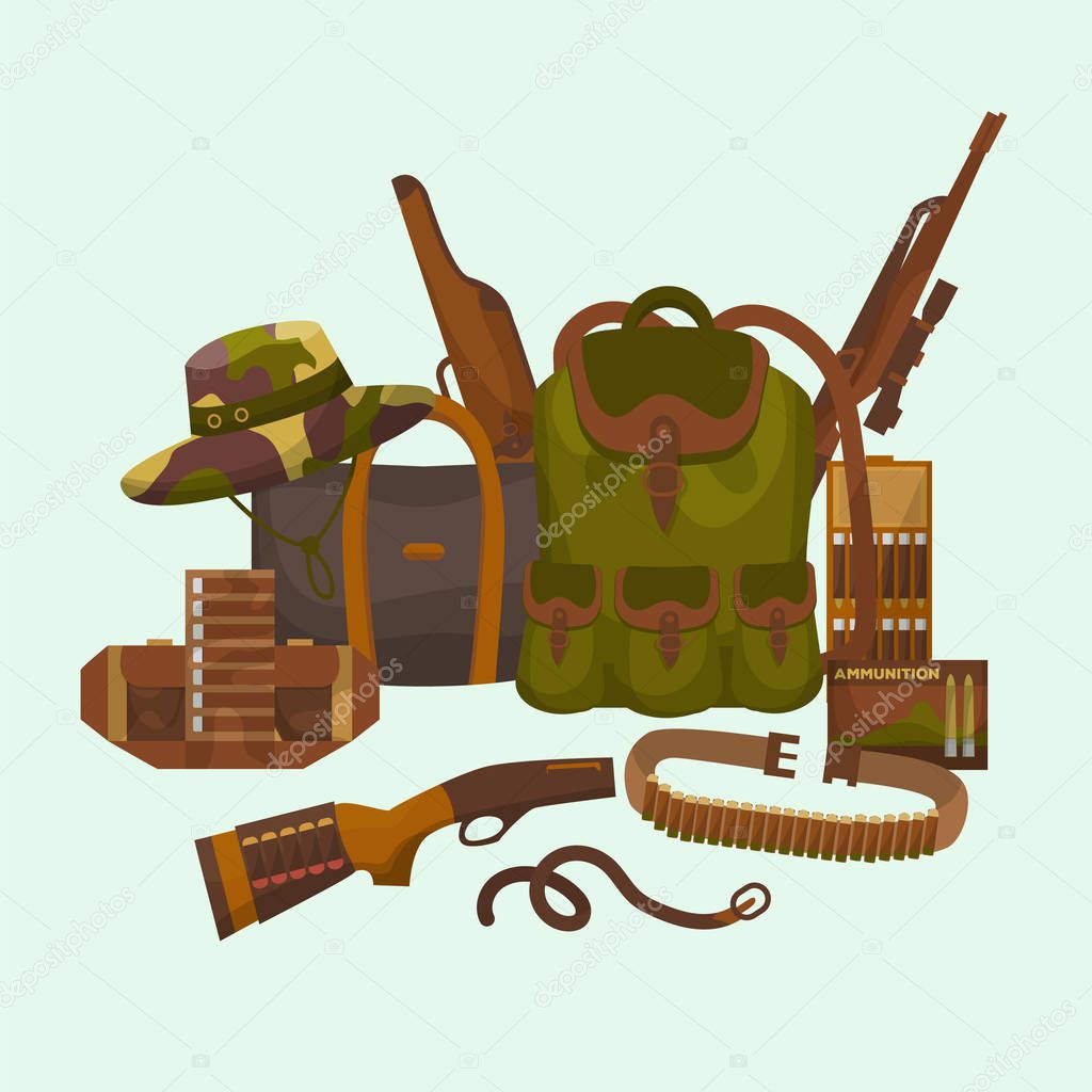 Hunter equipment vector illustration. Huntsman amunition collection. Flat colored military hunter equipment for hunters or huntsman with riffle, gun, camouflage backpack and hat.