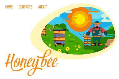 Bal kovanları, güneş, arıcı ve arılar ile arıcılık ve bal web şablonu, vektör illüstrasyon. Bal ve apiary ile düzen açılış sayfası şablonu.
