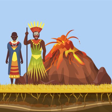 Yanardağ uyandı ve Afrika'da lav, ateş ve alev püskürttü Afrika aborigens vektör illüstrasyon ile. Volkanik aktivite, magma ve Afrika yerlikabile ailesi.