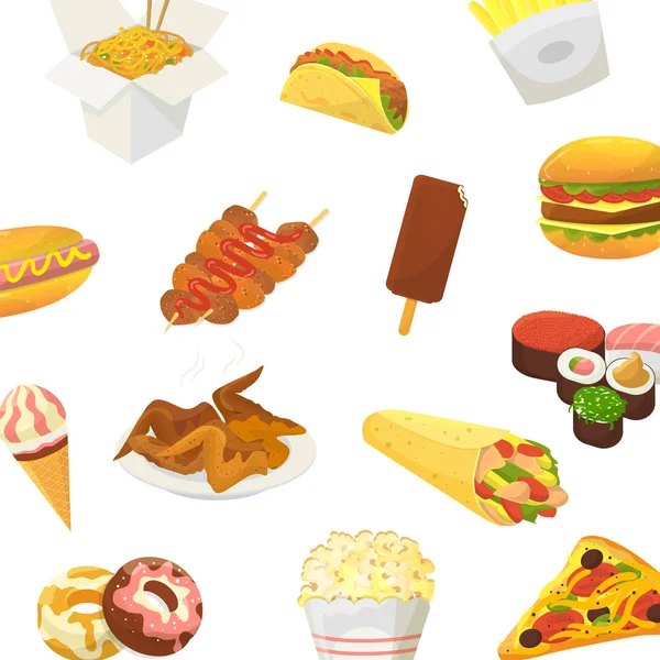 Patrón de vectores de comida rápida. Hamburguesa, pitzza, pollo asado y maíz con sushi y crema de icre aislados sobre fondo blanco. Fondos de pantalla con imágenes de comida rápida sabrosa . — Vector de stock