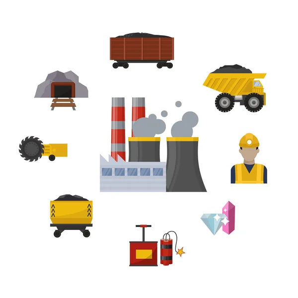 Indústria de mineração de carvão e ilustração vetorial de transporte. Fábrica de carvão, rochas de carvão, máquina de arado de carvão e caminhões com trabalhador mineiro . — Vetor de Stock