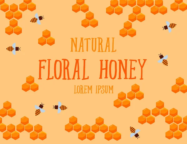 天然花卉蜂蜜海报与蜂巢和蜜蜂，矢量插图。黄色背景和排版上的卡通花卉蜂蜜梳. — 图库矢量图片