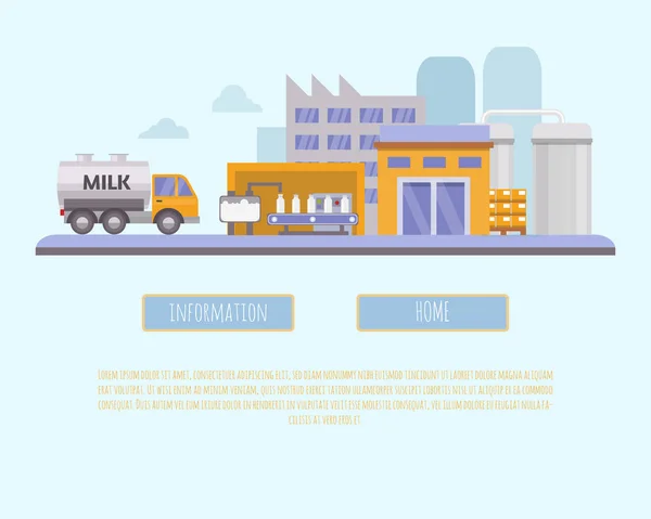 Milchindustrie Vektor Illustration. Biolandbau, Milchfabrik und Milchprodukte Realisierungskonzepte in modernem flachen Stil für die Werbung der Milchwirtschaft. — Stockvektor