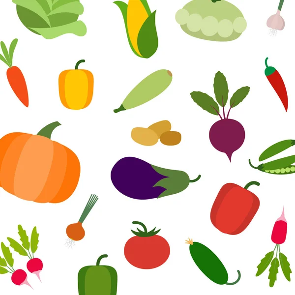 ニンジン、トマト、大根とナス、トウモロコシ、スカッシュ、カボチャのベジタリアンベクターパターン。カラフルな野菜の現代的な背景。白い背景に隔離された野菜. — ストックベクタ